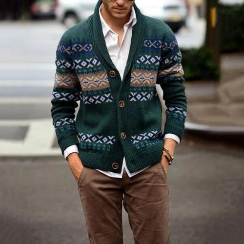 Men's Lapel Single Breasted Jacquard Weave Knit Sweater