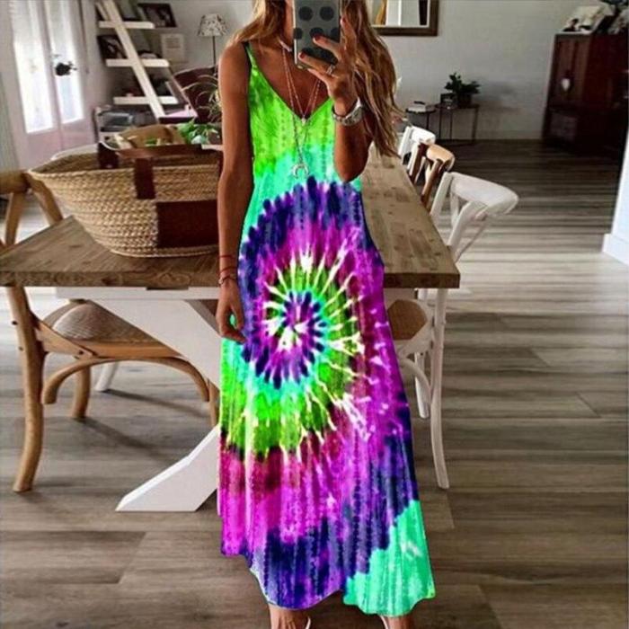 O-Neck Casual Tie-Dye Printed Beach Sundress Vest Maxi Dresses 5XL