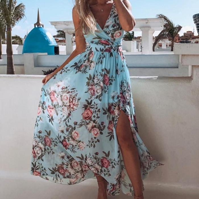 2020 Sexy V Neck  Boho Floral Printed High Split Sleeveless Maxi Dress