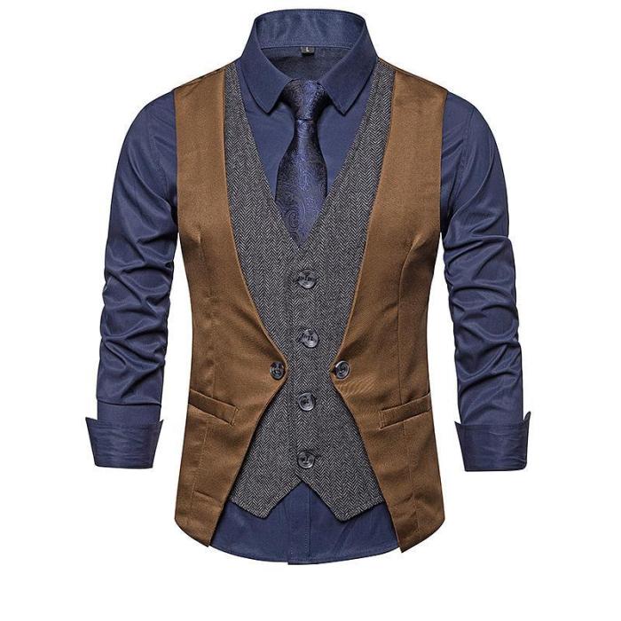 Flashmay Men's Business Single-Breasted V-Neck Fake Two-Piece Suit Vest