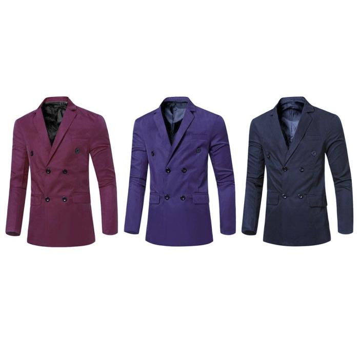 Men's Solid Color Simple Design Pocket Decoration Double-breasted Suit Jacket