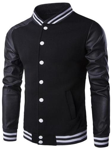 PU-Leather and Stripe Rib Splicing Stand Collar Jacket 1755