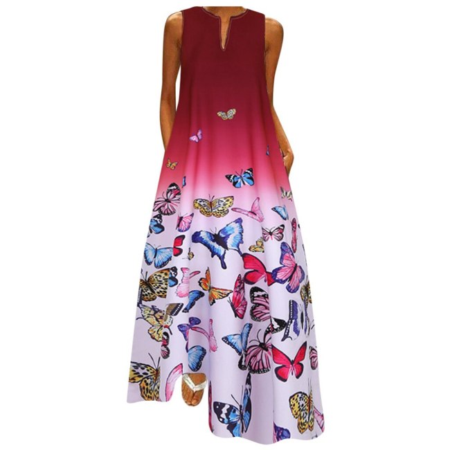 Casual Butterfly Print V Neck Sleeveless Vintage Boho Dress Bohemain Maxi Dresses For Women