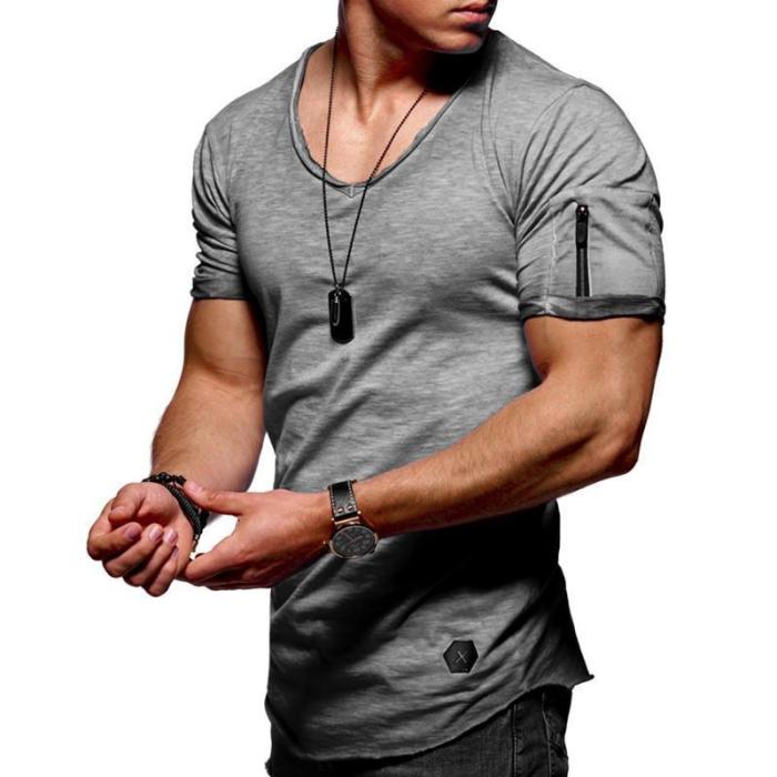 Mens Zipper Design Breathable Solid Color O-neck Short Sleeve T-Shirts