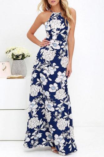 Halter Backless Floral Maxi Dresses Evening Dress