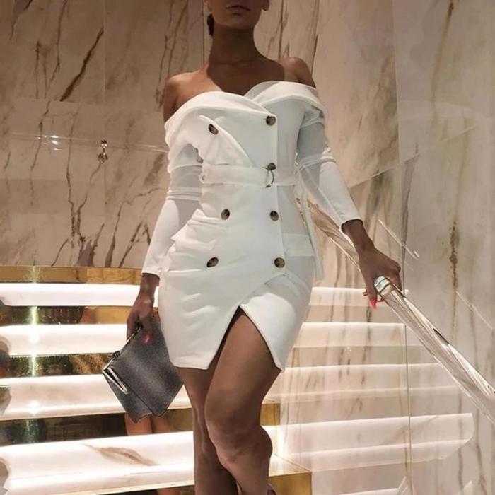 Solid Double Breasted Slit Blazer Dress