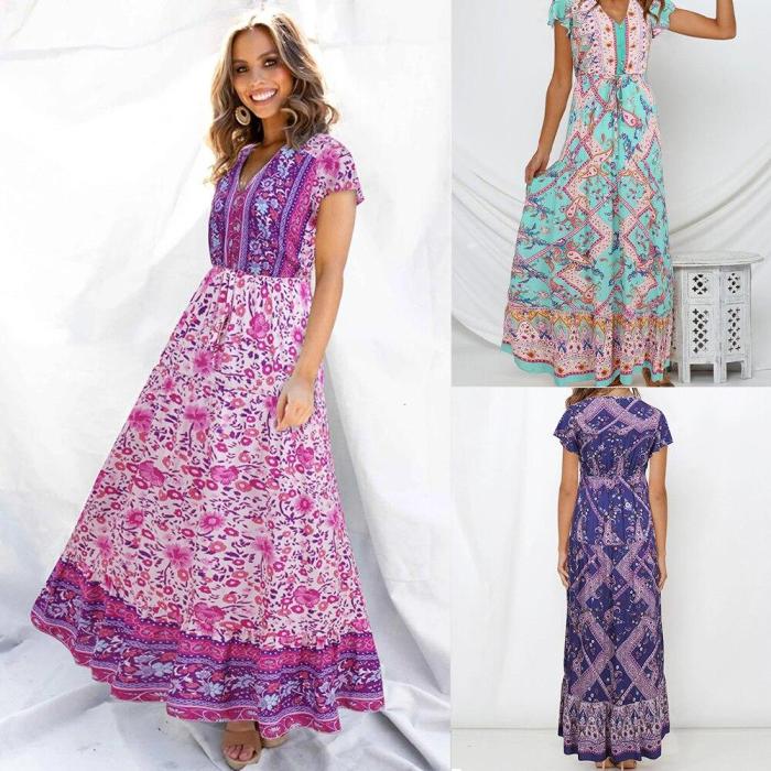2020 Spring Summer New Rural Boho Style Single-breasted High Waist Lace-up Floral Printed Mid-length Short-sleeved Woman Dress
