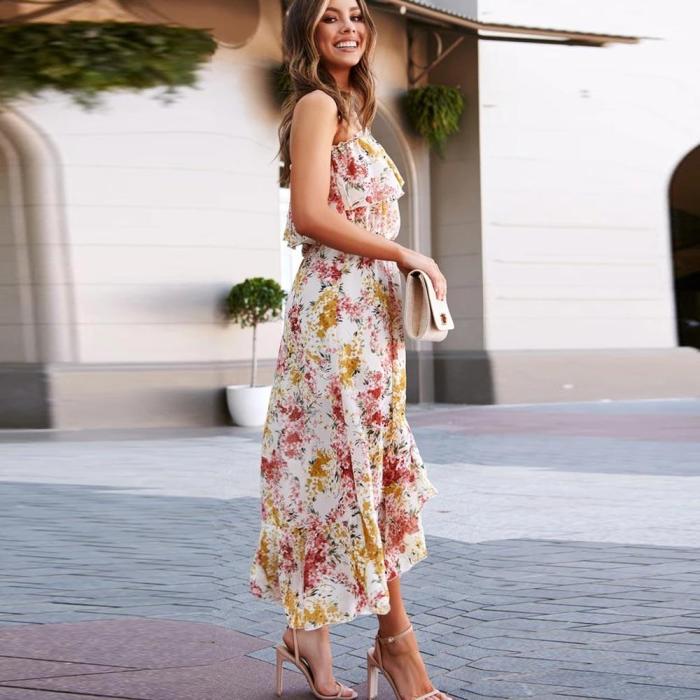 Boho Ruffles One Shoulder Chiffon Summer Beach Sweet Midi Dresses Casual Floral Print Long Dress 2020 Maxi Dresses