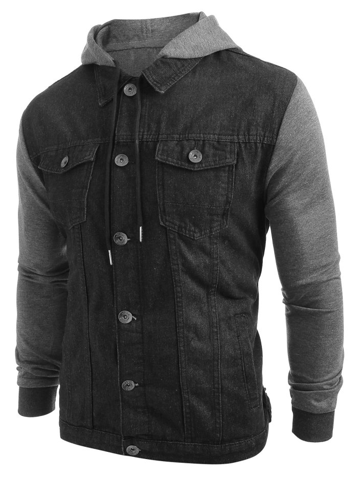 Men's Solid Hood Long  Sleeves Patchwork Casual Denim Jacket