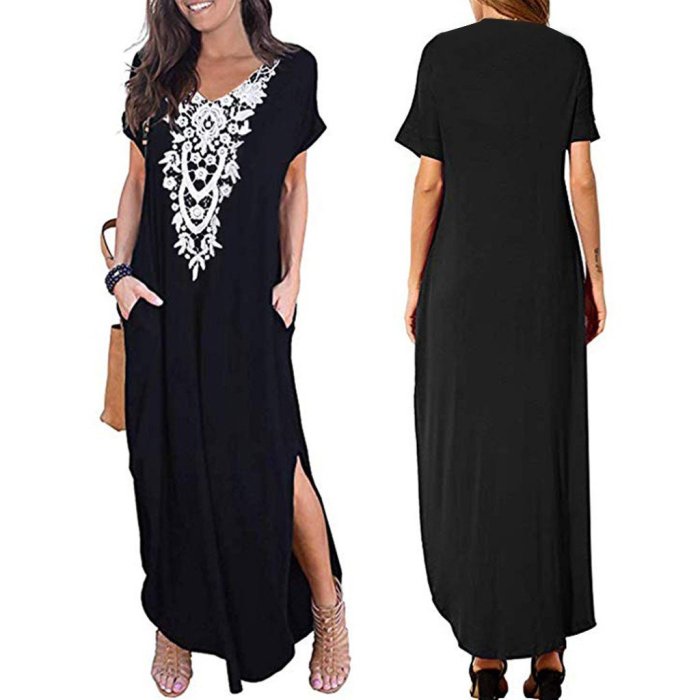 Fashion Loose Short Sleeve V-Neck Lace Pocket Print Split  Maxi  Dress