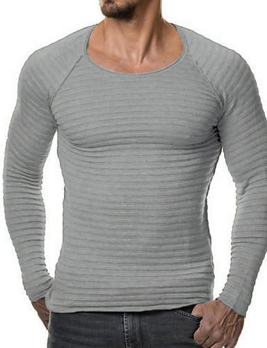 Men Solid Color Striped Slim Knitwear Long Sleeve T Shirt