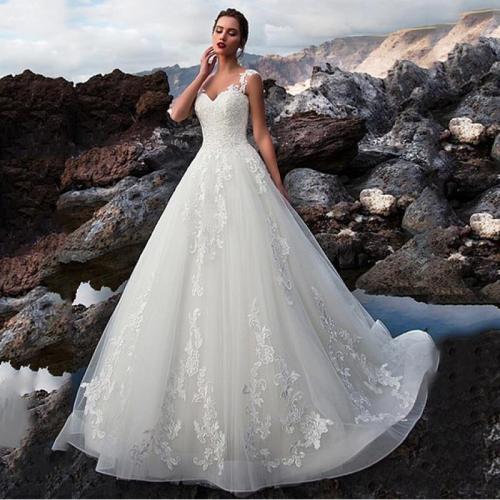 Sexy Lace Applique Sleeveless V-neck A-line Wedding Dress Lace Up Wedding Gown White Ivory Princess Bride Dresses Free Shipping
