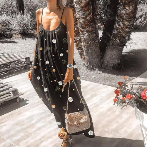 Loose Straps Long Sexy Backless Sleeveless Casual O-Neck Floral Print Beach Maxi Dress