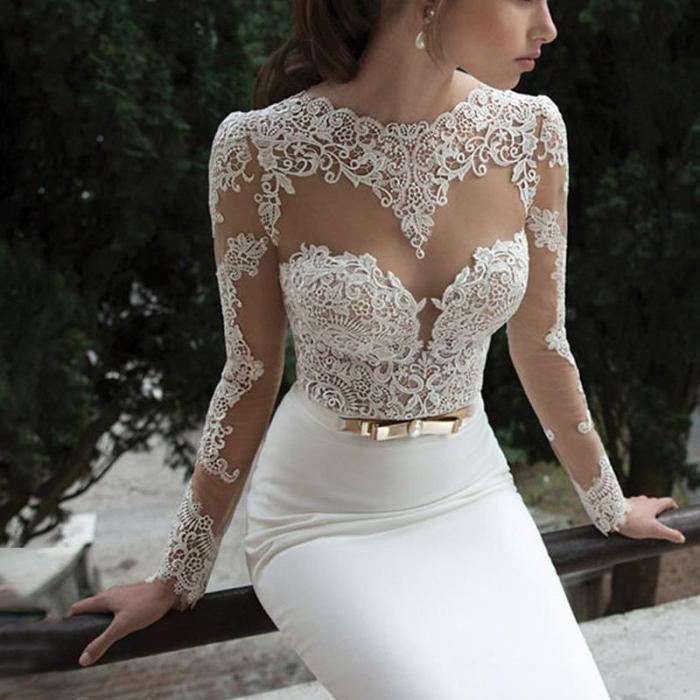 Sexy Lace Perspective Long Sleeve Evening Dress
