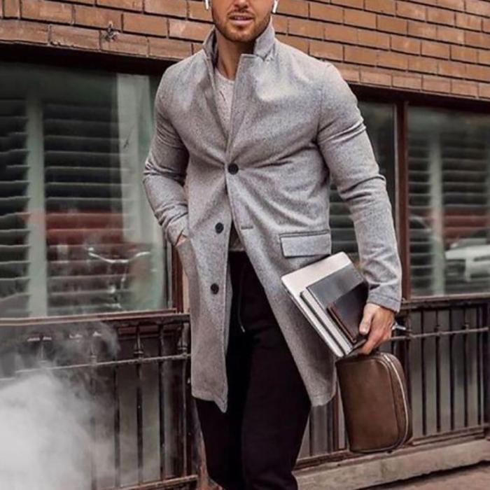 Men's fashion stand collar solid color single-breasted coat