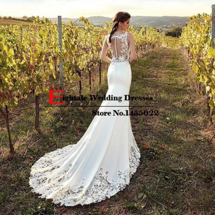 Eightale Boho Wedding Dress Mermaid 2019 Appliques Lace Chiffon Buttons V-Neck Custom Made Bohemian Wedding Gowns Bride Dresses