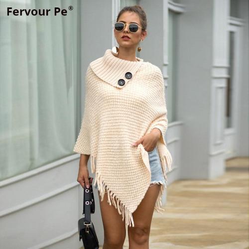 2020 new Autumn winter sweater tassel cape shawl buttons half-open collar solid color Cloak ladies sweater MY19042