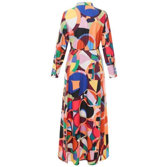 Long Sleeve Bow Split Print Dresses Plus Size Color Matching Vintage Maxi Dresses