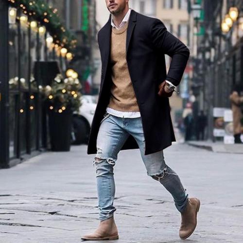 Spring Winter Mens Brand Fleece blends Jacket Male Overcoat Casual Solid Slim collar coats Long cotton trench coat Streetwear