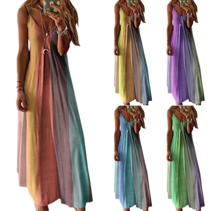 Straps Loose Large Size 5XL Color Gradient Tie-dye V-neck Maxi Dress