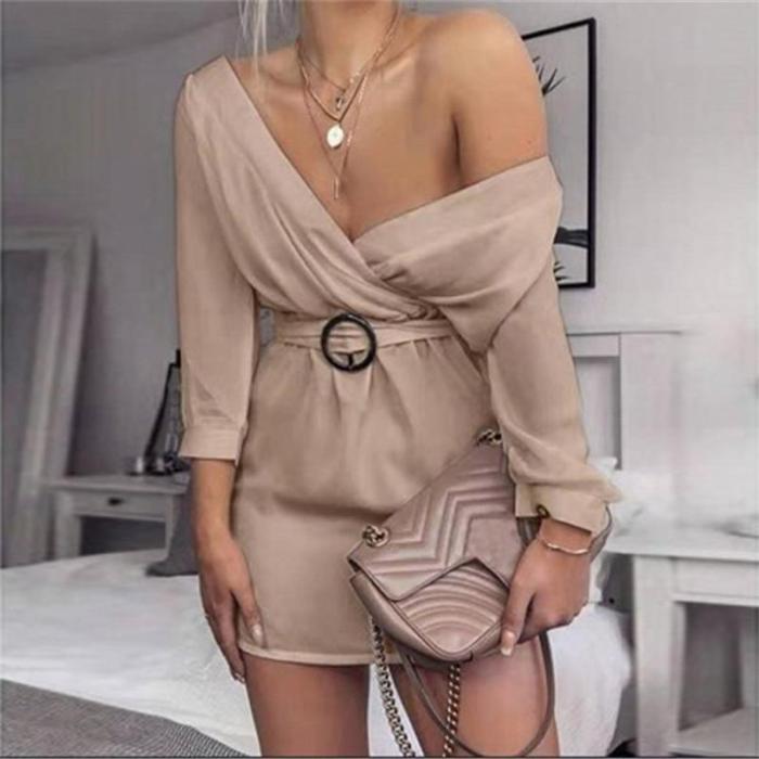 Sexy V-neck Solid Color Long Sleeve Dress