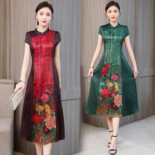 Silk dress female 2019summer new stitching printing cheongsam short-sleeved dresses large size L-4XL high quality Party vestidos