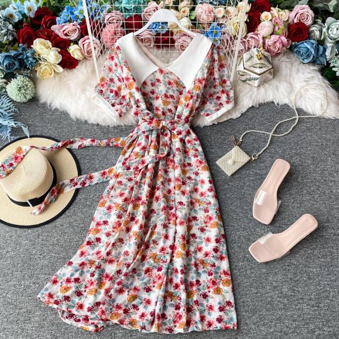 JOYMANMALL Women Summer Floral Midi Dress Korean Vintage Peter Pan Collar A-line Dress Casual Vacation Boho Print Beach Sundress