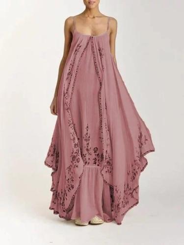 Sleeveless Spaghetti Strap V-neck Print Dresses Irregular Plus Size Long Pink Blue Maxi Dresses