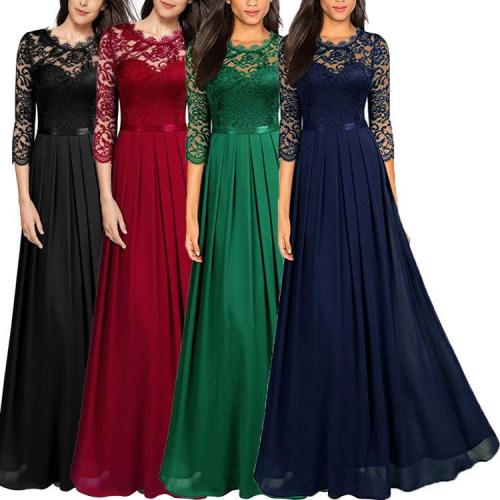 BacklakeGirls Sexy Hollow Out Lace Split Joint Round Neck Chiffon Evening Dress With Sleeves Plus Size For Women Robe De Soiree