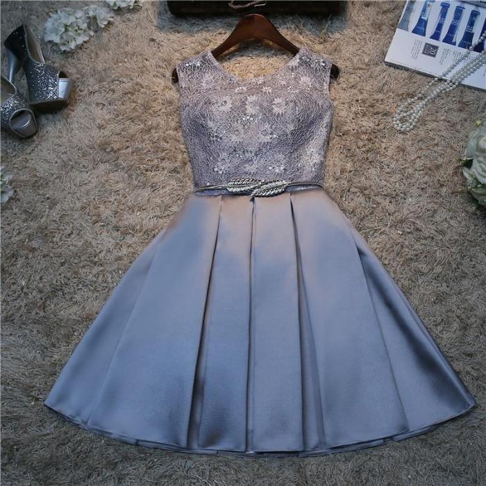 Classic Champagne With Metal Leaf Belt Short Evening Dress Sweet O Neck Lace Sequin Sleeveless Simple Evening Gown Robe Soiree L