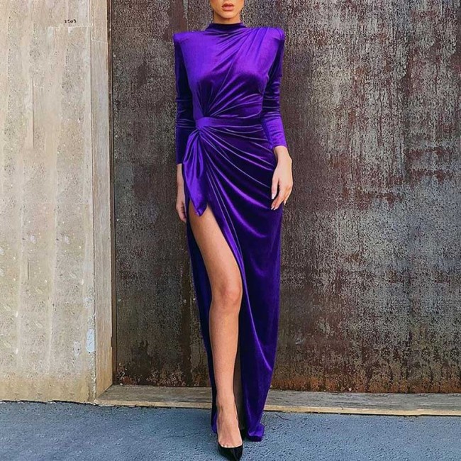 Fashion Purple Color High Slit Pleated Dress