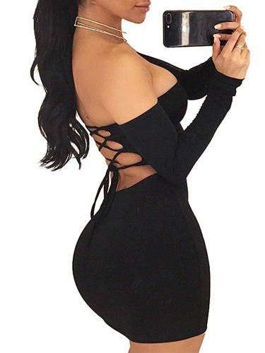 New winter long sleeve dress Women's Sexy Off Shoulder Backless Lace Up Club Bodycon Mini Dresses vestido clothes dropshipping