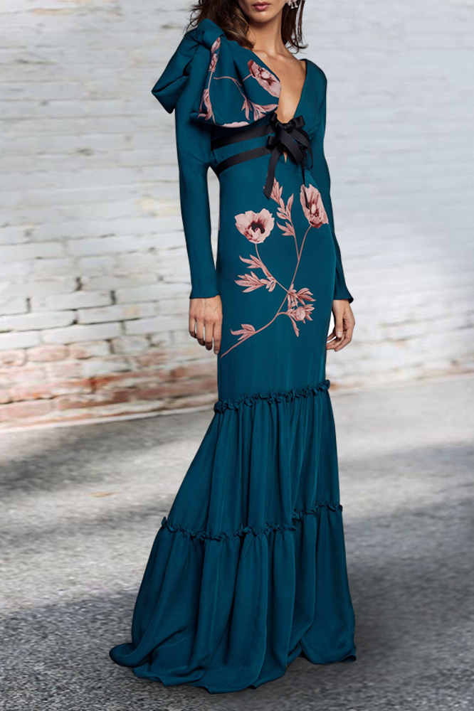 Sexy Deep V Collar Belt Bow Floral Printed Maxi Dress