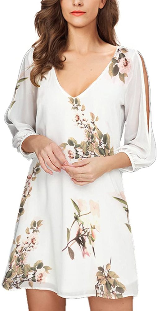 Noctflos Women's 2020 Summer Cold Shoulder Floral V Neck Shift Short Dress