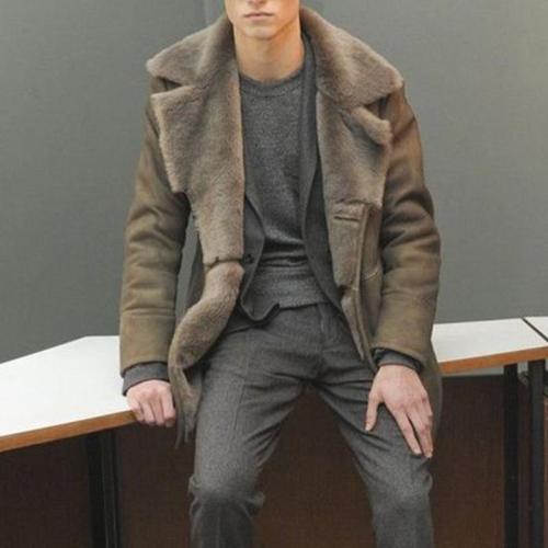 Mens plush lapel mid-length coat