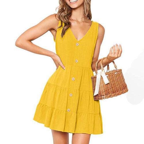 Fashion Casual V-Neck Solid   Pleated Dress