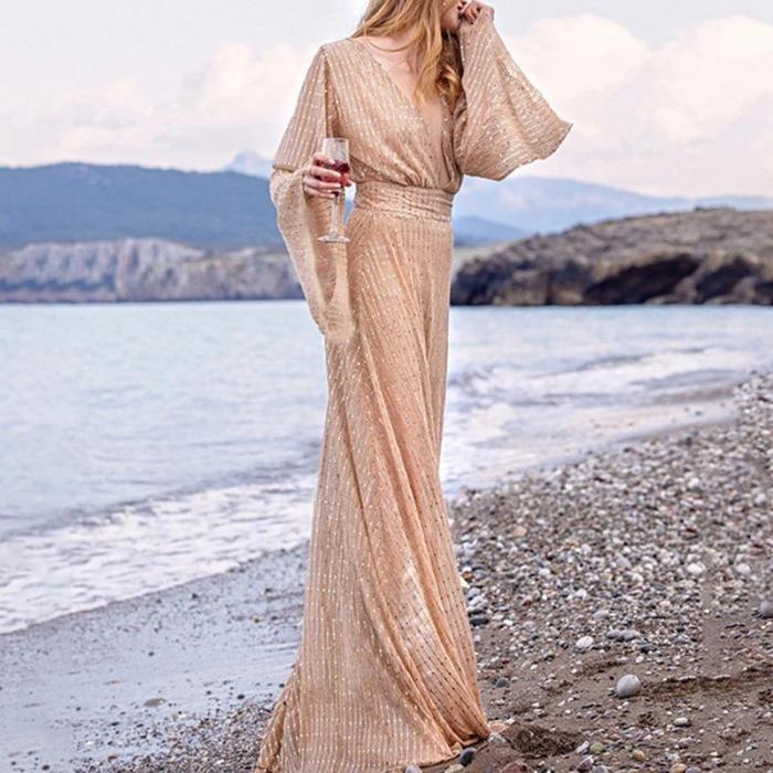 V-neck Long-sleeved Patchwork Mesh Sequin Dress