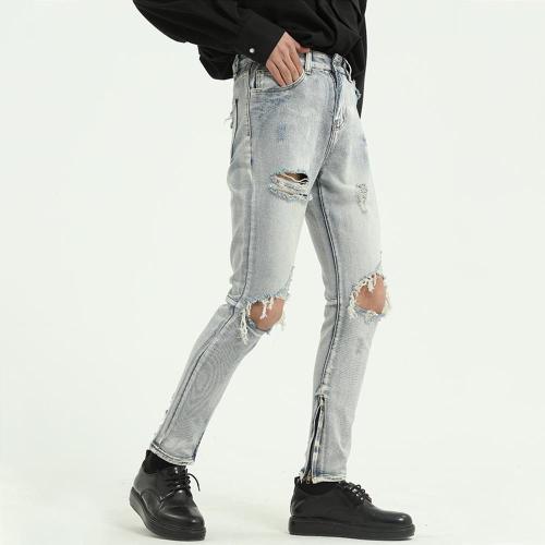 Zipper Bottom Ripped Holes Denim Pants Jeans