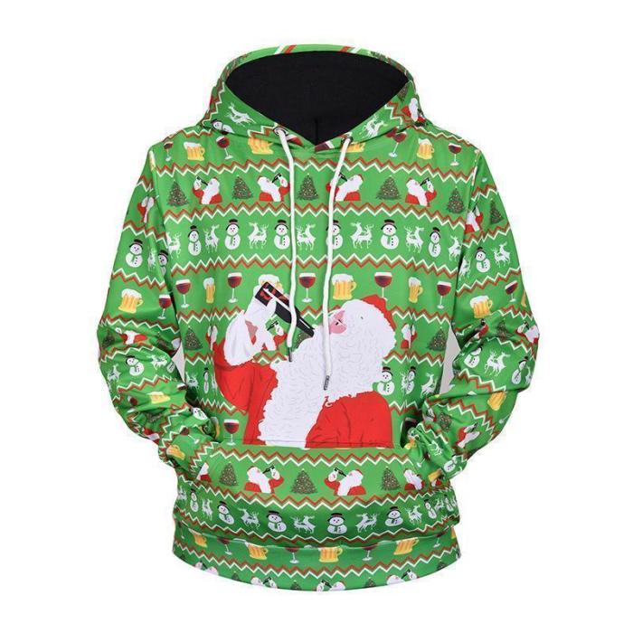 Halloween Green Loose Father Christmas Printed Knit Hoodie