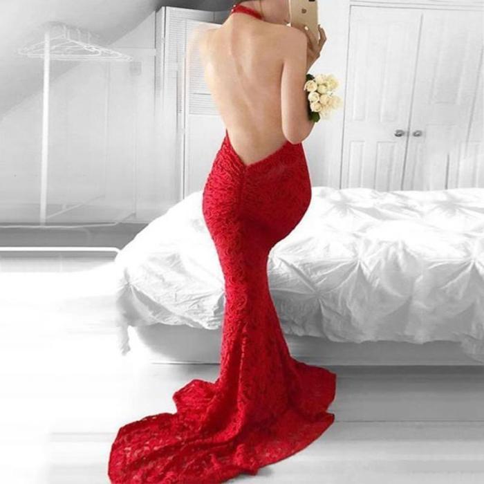 Sexy Halter Backless Sleeveless Red Evening Dress