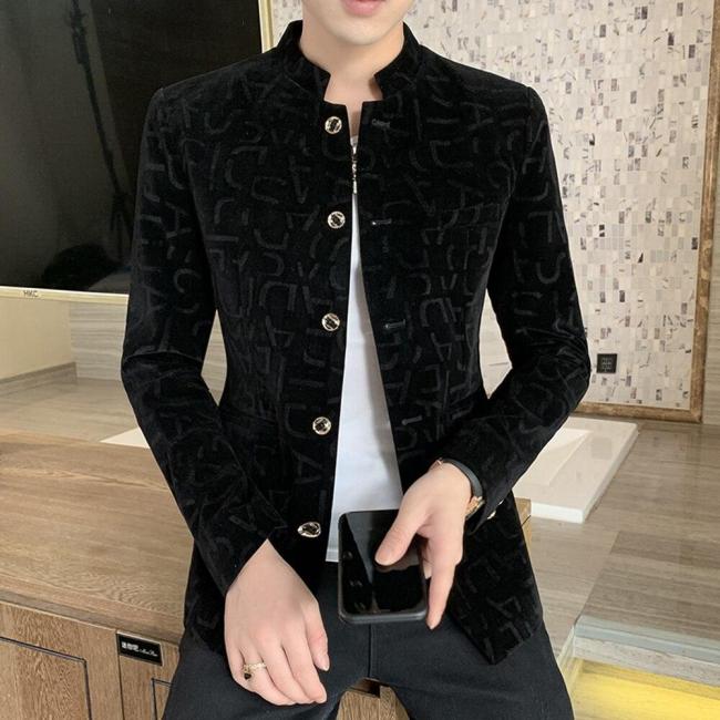 2020 Spring and Autumn New Fashion Casual Men's Pure Color Printing Stand Collar Chinese Style Slim High Quality Blazer for Men