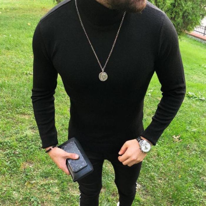 Men Casual High Neck Solid Color Sweaters