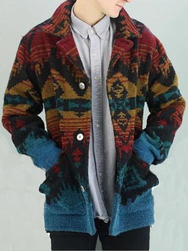 Retro Street Style Print Single Row Button Collar Sweater