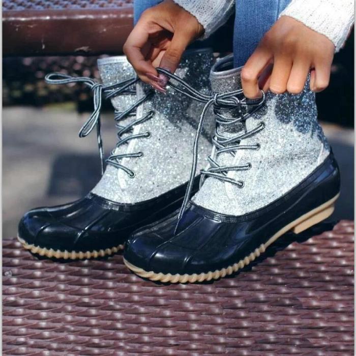 women mid-calf boots low heels chaussure vintage shiny glitter deco lace up shoes woman w36  botas mujer invierno