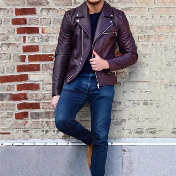 Stylish Casual Youth Slim Plain Zipper Wide Lapel Long Sleeve Leather Jacket Outerwear