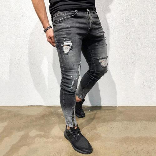 Men's Casual Shredded Jeans Foot Mouth Zipper Slim-Fit Pants