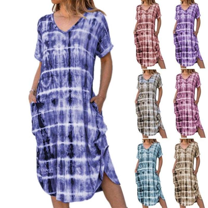 2020New Spring Summer Women Dresses Short Sleeve V-Neck Wide Loose Fork Print Woman Dress Casual Beach SunDress
