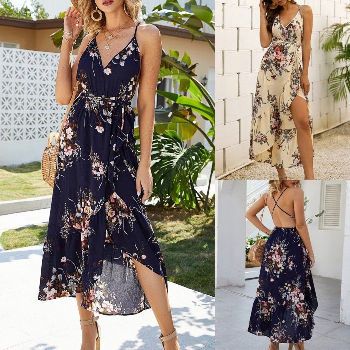 Ruffle V-Neck Sleeveless Strapless Floral Print Sling Party  Maxi Dress