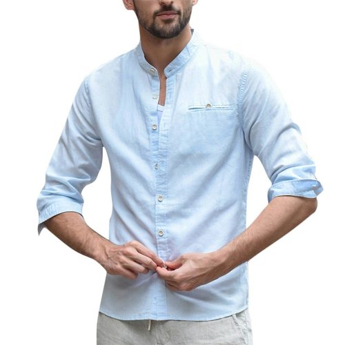 2019 New Summer Men Shirts Casual Baggy Cotton Linen Solid 3/4 Button Pocket Retro Shirts Tops camisas hombre 9624