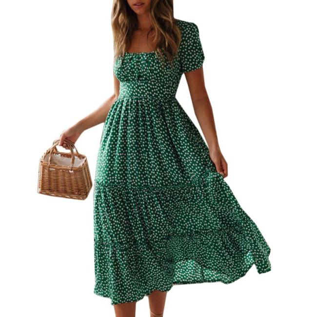 Puff Sleeve 2020 Dot Printed Dresses Ladies Fashion Casual Beach Maxi Dress